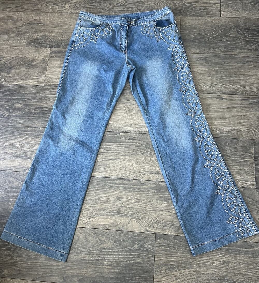 VTG Y2K Basix II Embellished Flare Jeans 16 Rhinestone Whimsigoth Festival Boho